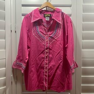 Bob Mackie Wearable Art Pink Women’s 1X Size Button-Up 3/4 Sleeve Blouse